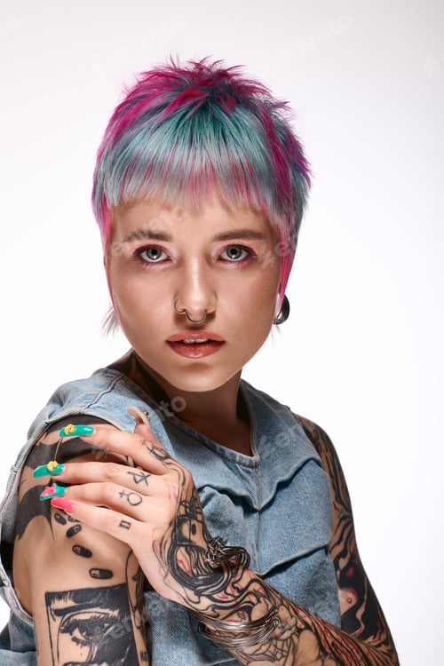 Preview: Young woman with colorful hair showcases beauty in a stylish studio setting