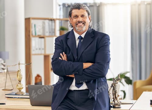 Preview: Portrait, lawyer and arms folded with smile man in office for legal advice at law firm. Attorney,