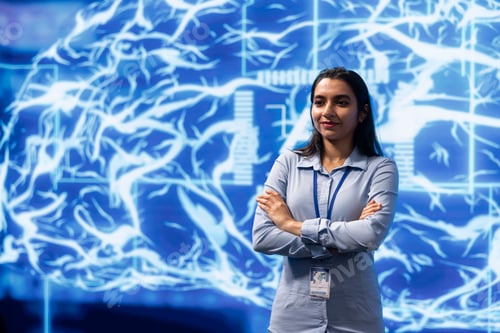 Preview: Smiling programmer working with AI machine learning algorithms in workspace