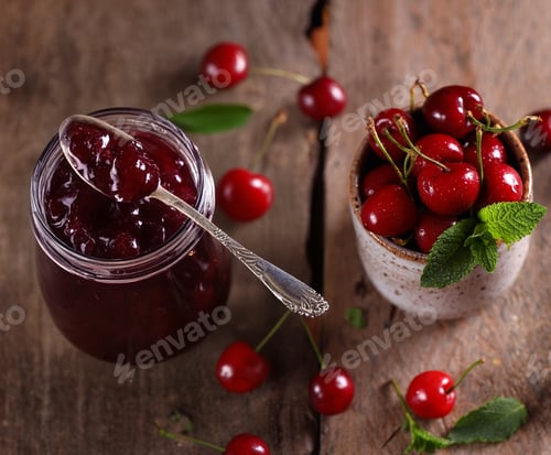 Preview: natural organic cherry jam and fresh berries