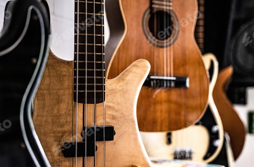 Preview: Bass guitar fretboardsand strings in music recording studio