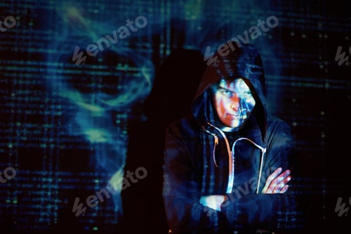 Preview: Cyber attack with unrecognizable hooded hacker using virtual reality, digital glitch effect