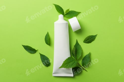 Preview: Toothpaste tube and mint leaves on green background, space for text