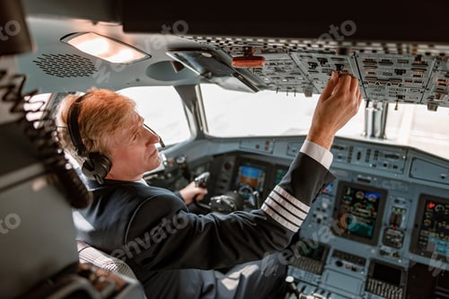 Preview: Male pilot turning switch on overhead panel in cockpit