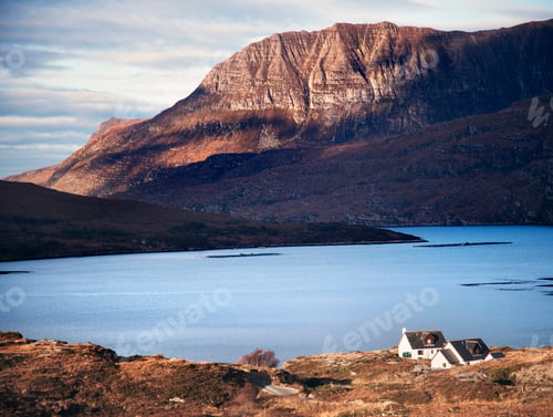 Preview: View of cottage next to loch, Assynt, North West Highlands, Scotland, UK