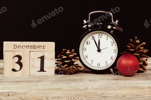 Preview: Composition with retro alarm clock and Christmas decoration