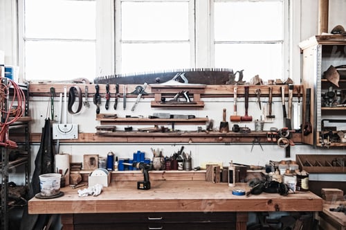 Preview: A work station with tools in a woodworking factory.
