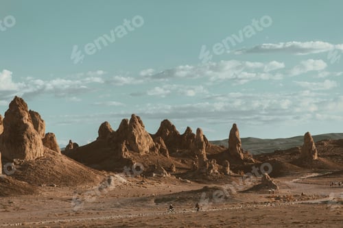 Preview: Motorcyclists riding in desert, Trona Pinnacles, California, US
