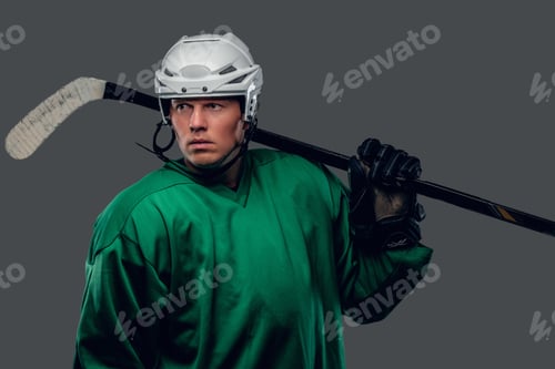 Preview: Hockey player holds gaming stick.