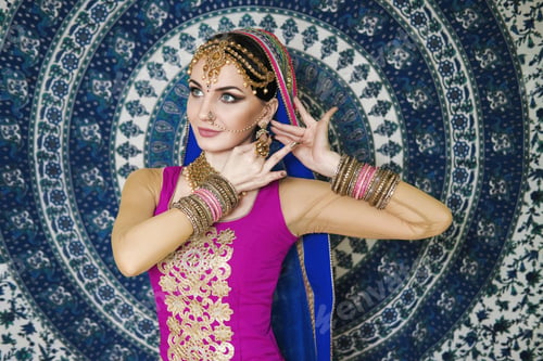 Preview: Woman In Indian Clothes Dancing Belly Dance. Young Beautiful Woman In National Costume Dancing