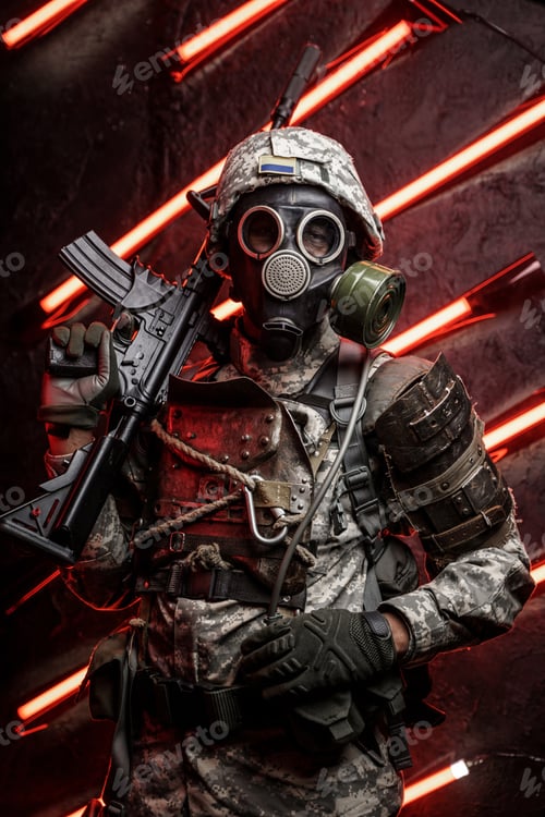 Preview: Soldier with gas mask holding rifle on his shoulder
