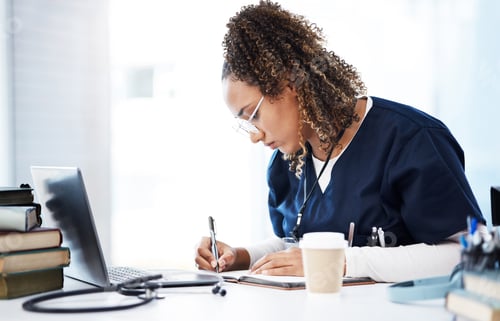 Preview: Medical student, thinking or writing books in hospital research, wellness studying or education lea