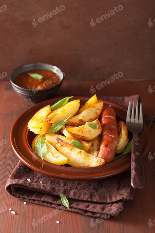 Preview: Fried Potato Wedges and Sausage with Sauce