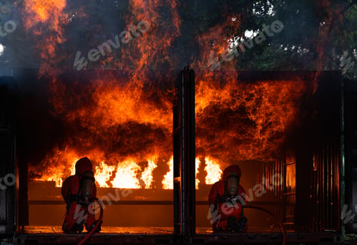 Preview: Firefighters or Firemen use extinguisher and spray high pressure water from hoses to control fire
