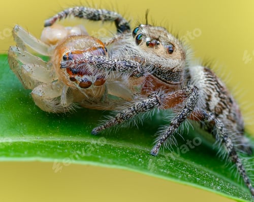 Preview: Jumping Spider Devouring Another Spider on Green Leaf