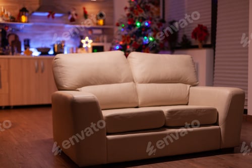 Preview: Empty xmas living room with nobody in it ready for winter holiday at home.