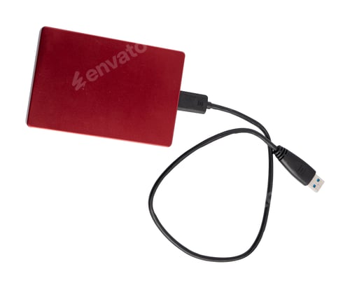 Preview: Red external hard disk storage backup drive for computer isolated on white background.