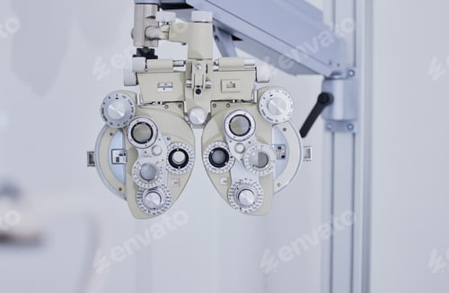 Preview: Phoropter, medical optometry and equipment in hospital for eye test or examination. Vision, healthc