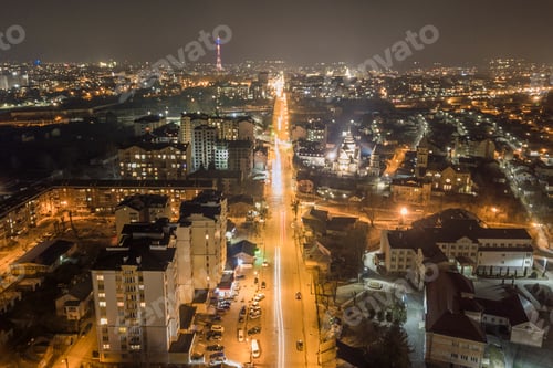 Preview: Wide night panorama, aerial top view of modern city. Scene of bright lights of tall buildings