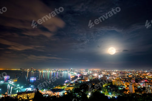Preview: Full moon above Pattaya City at night, Thailand