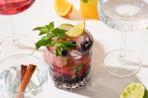 Visualização: Coquetel de mojito de amora, bebida fresca, vinho, coquetel sem álcool para festa festiva de verão.