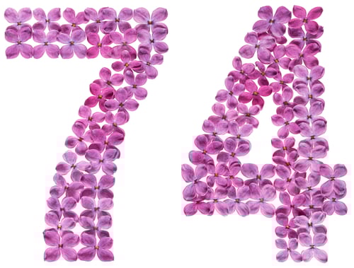 Preview: Arabic numeral 74, seventy four, from flowers of lilac, isolated on white background