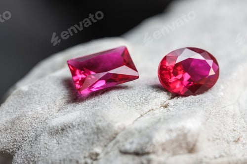 Preview: Glimmering natural pink sapphire gemstones on a rugged rock surface