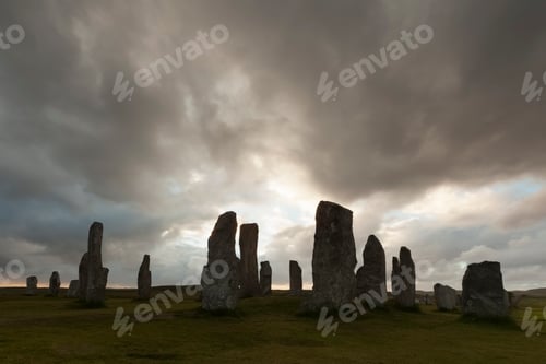 Preview: UK, Scotland, Isle of Lewis, Callanish, view to formation of standing stones at backlight
