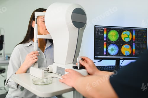 Preview: Patient receiving eye test with modern ophthalmology equipment