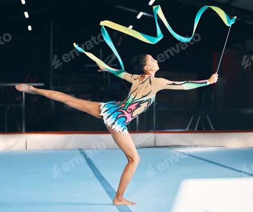 Preview: Ribbon, gymnastics and flexible woman stretching in performance, dancer training and sports competi