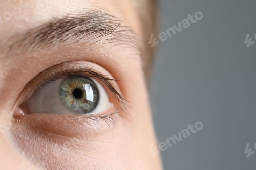 Preview: Perfect vision. Man with beautiful eyes on grey background, closeup. Space for text