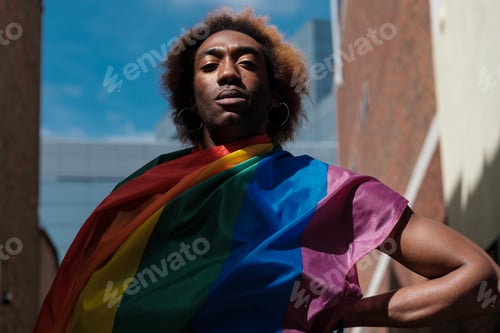 Preview: A very serious non-binary young person is holding a lgbtq flag in a street of London.