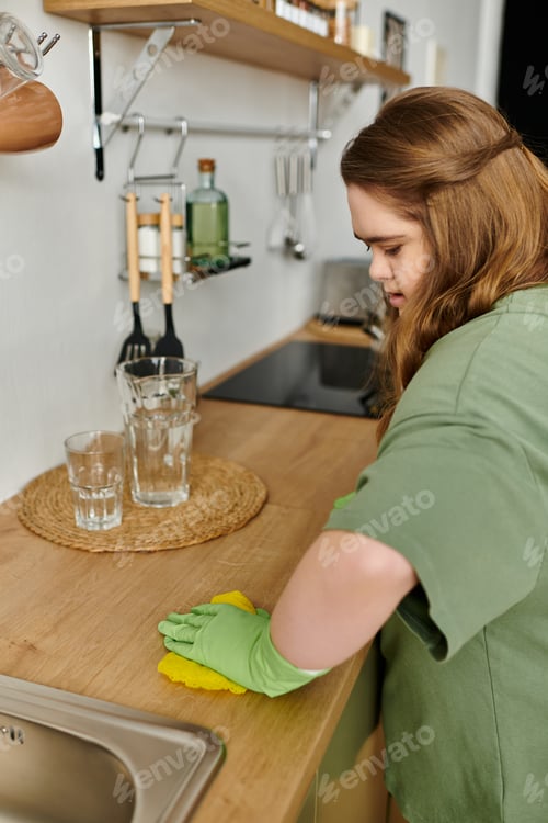 Preview: Bright and joyful young woman with Down syndrome enjoys her cozy home while cleaning in comfort
