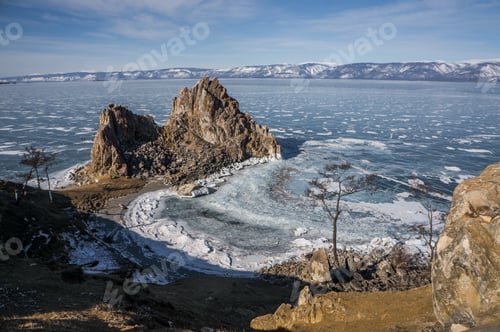Preview: scenic view of beautiful winter mountains landscape, Russia, Lake Baikal, march 2016