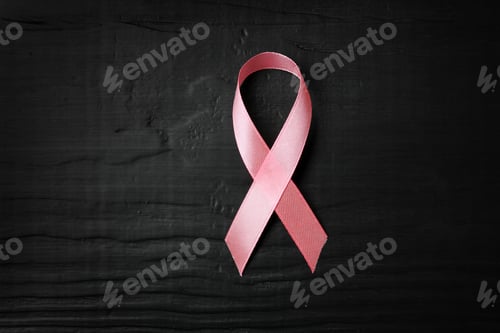 Preview: Pink ribbon on wooden background, top view with space for text. Breast cancer concept