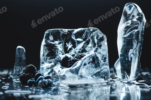 Preview: close-up view of ripe juicy berries and melting ice crystals on black