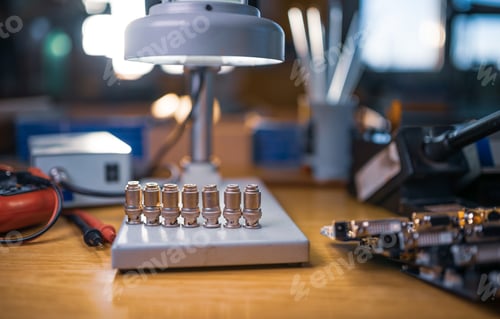 Preview: Modern microscope, connectors component and large green microcircuit in workshop laboratory