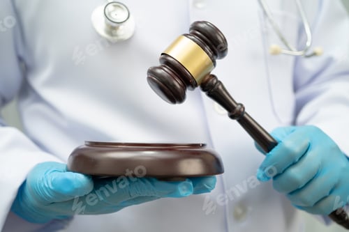 Preview: Doctor holding judge gavel, forensic medicine, medical law and crime justice.