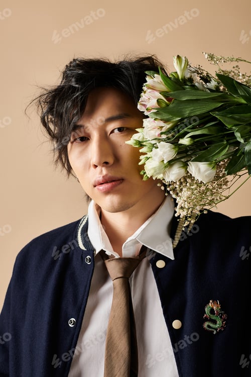 Preview: Stylish spring fashion showcase featuring an asian man with flowers
