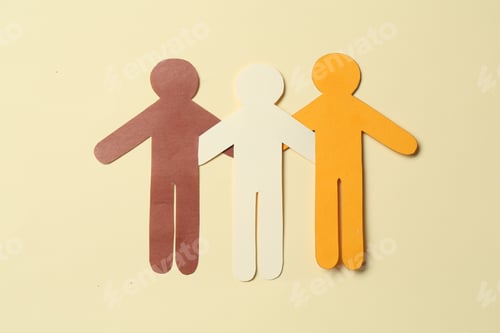 Preview: Stop racism. Paper human figures of different colors on beige background, top view