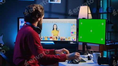 Preview: Content specialist using graphic design skills to make social media post on green screen computer