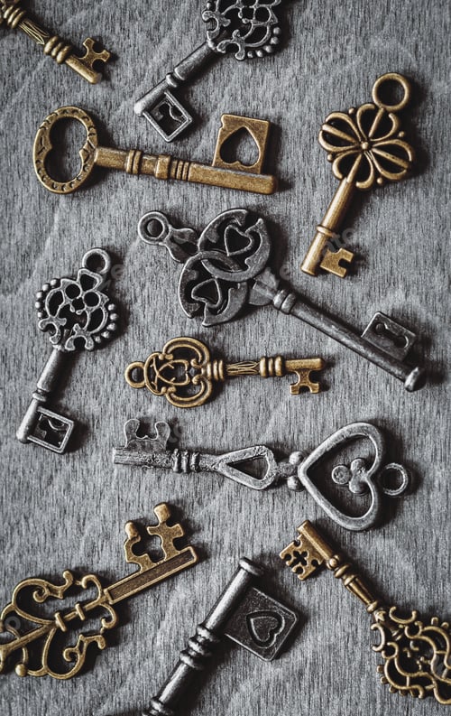 Preview: Retro keys collection on old wooden background