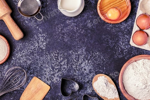 Preview: Ingredients for baking - flour, wooden spoon, rolling pin, eggs