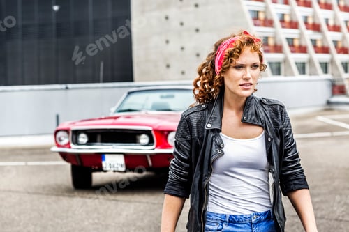 Preview: Redheaded woman next to sports car on parking level
