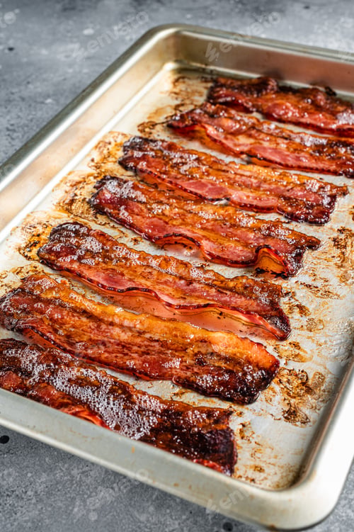 Preview: Strips of fried bacon in baking dish. Gray background. Top view