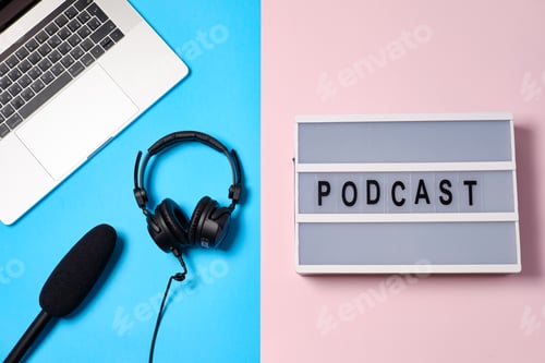 Preview: Music or podcast background with headphones, microphone, coffee