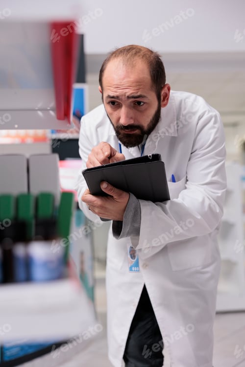 Preview: Drugstore employee doing medication inventory checking pills packages typing bar code on tablet