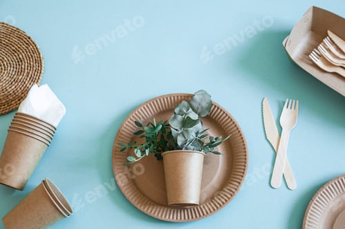 Preview: Eco-friendly disposable utensils made of bamboo wood and paper on a trending background.