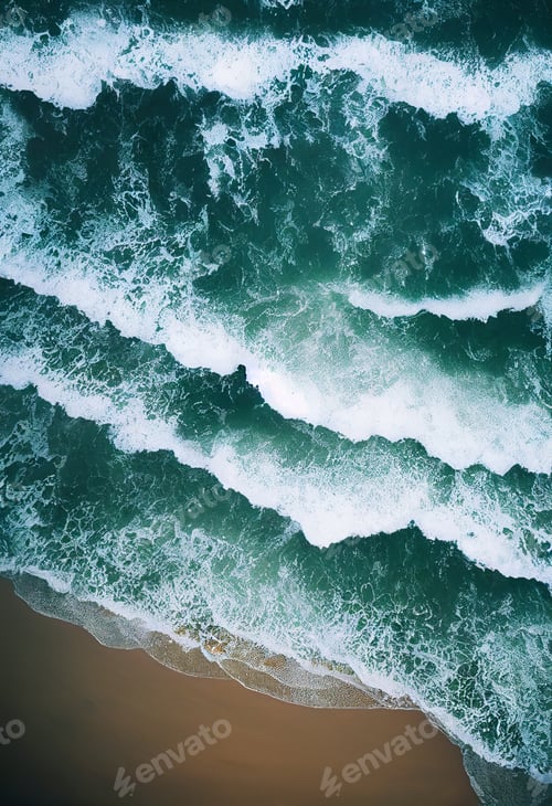 Preview: Aerial drone view with of crashing waves in crystal ocean. Top view. Blue clean wavy sea water.Blue