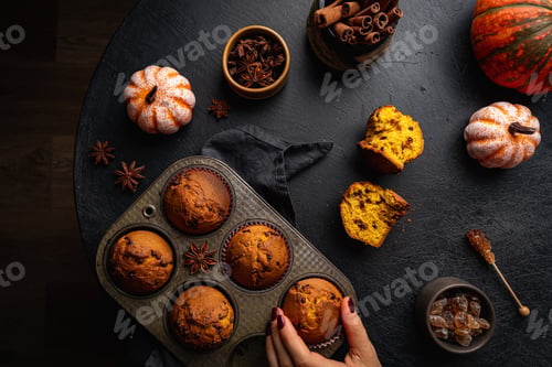 Preview: Homemade autumn pumpkin muffins with cinnamon and chocolate on dark background, top view